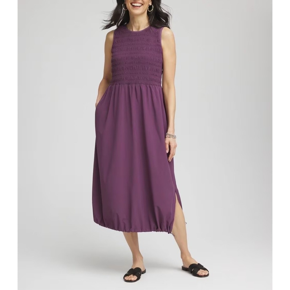 Chico's Zenergy UPF 50+ Smocked Midi Dress Washed Grape Purple Womens 18